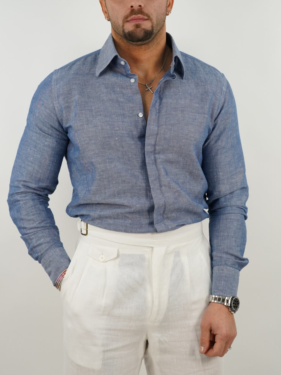 Camicia blu navy collo a vela 100% lino