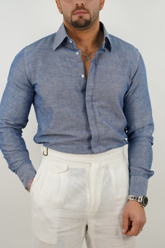 Camicia blu navy collo a vela 100% lino