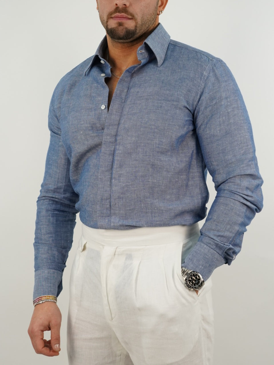 Camicia blu navy collo a vela 100% lino