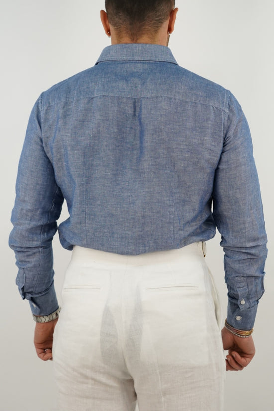 Camicia blu navy collo a vela 100% lino