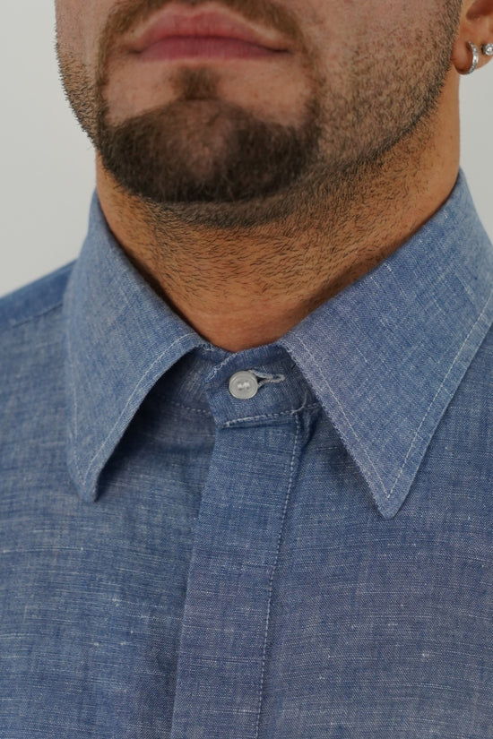 Camicia blu navy collo a vela 100% lino