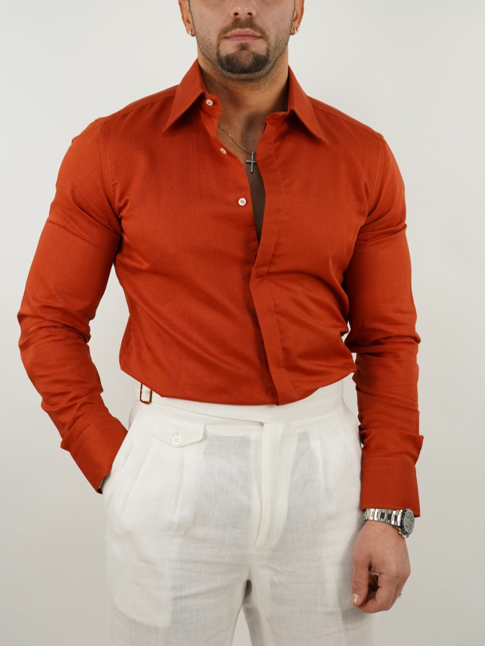 Camicia rame collo a vela 100% lino