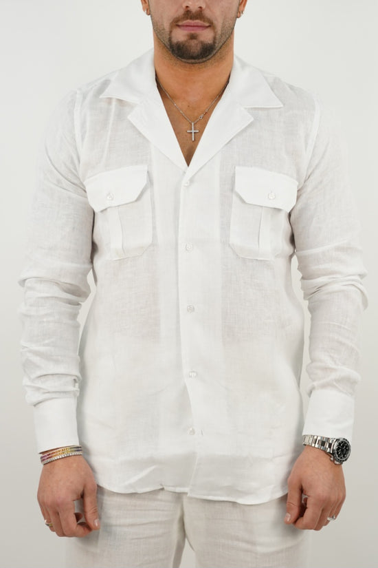 Camicia collo cubano lino bianco con tasche