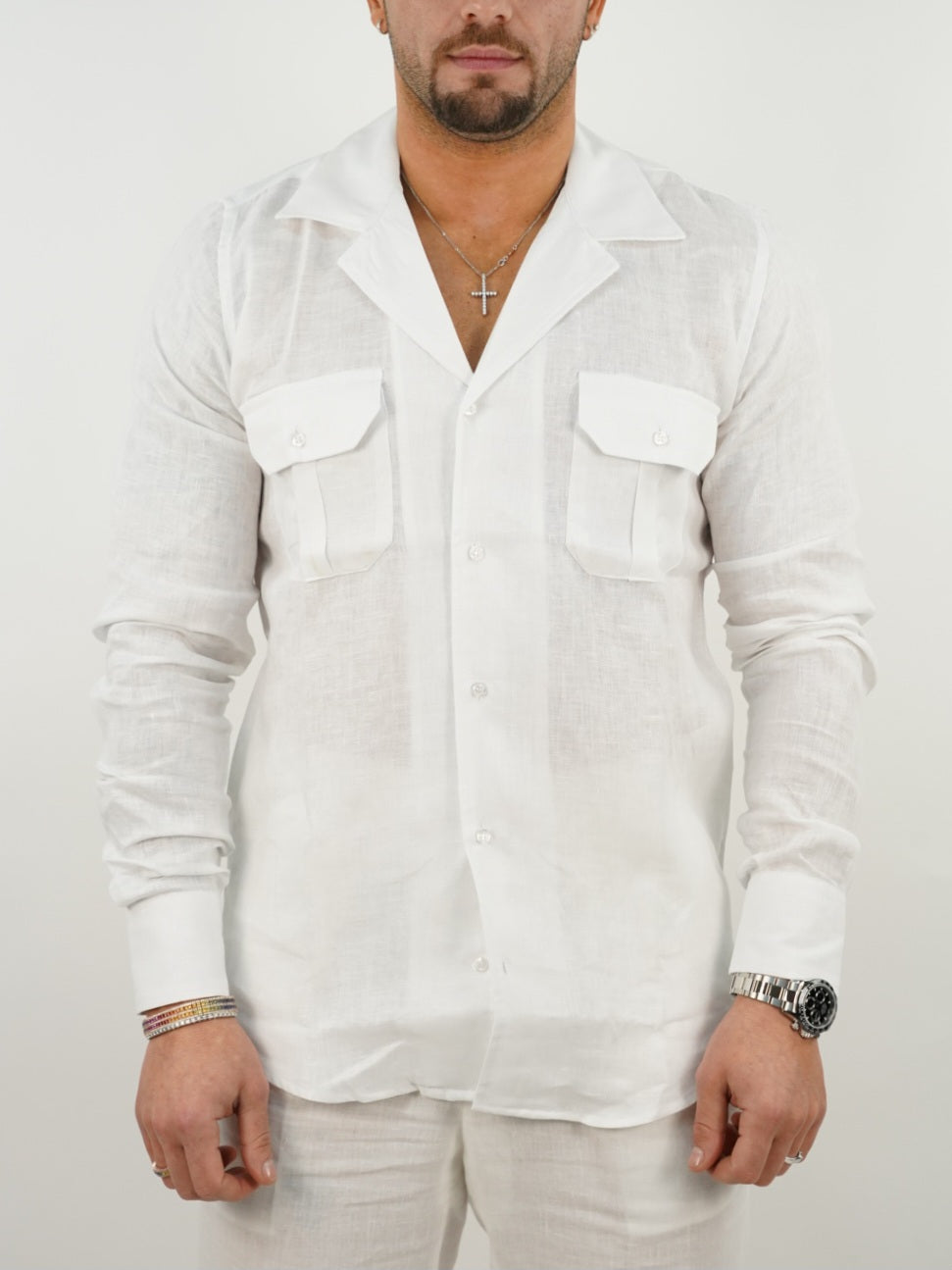 Camicia collo cubano lino bianco con tasche