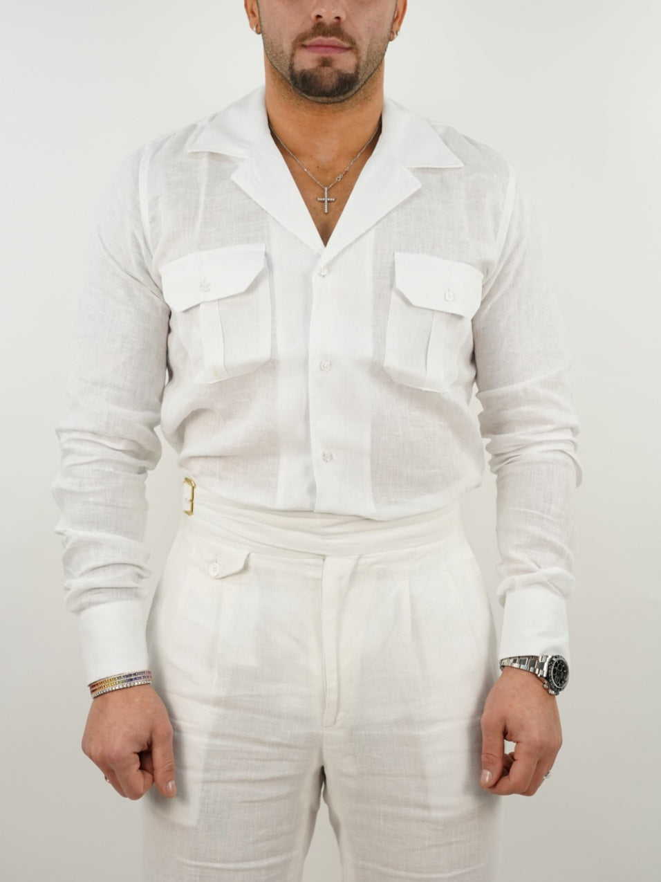 Camicia collo cubano lino bianco con tasche