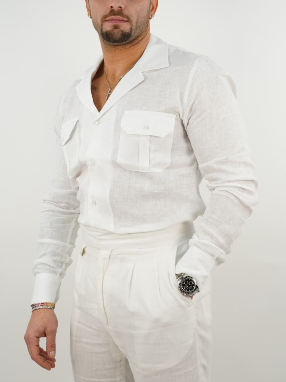 Camicia collo cubano lino bianco con tasche