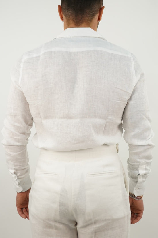 Camicia collo cubano lino bianco con tasche
