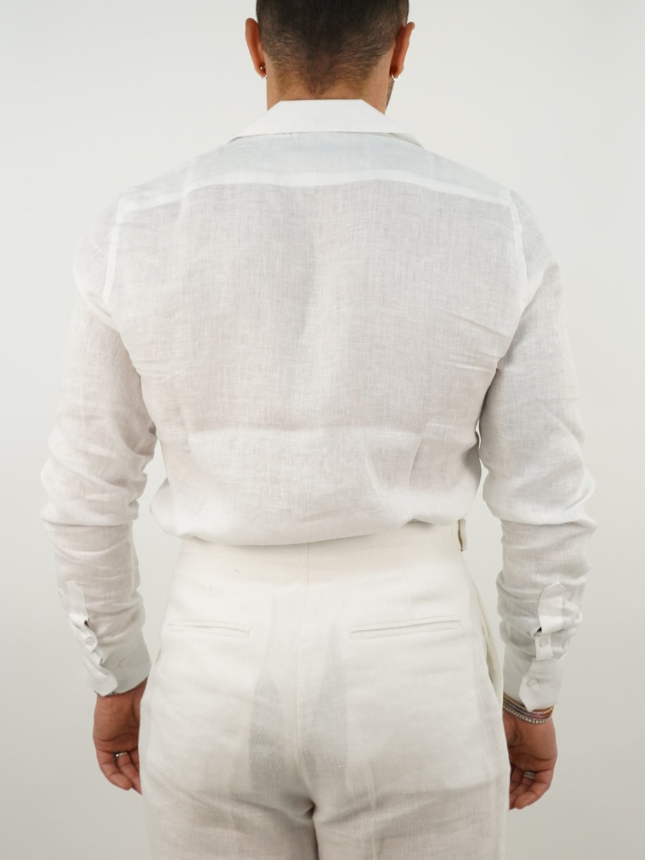 Camicia collo cubano lino bianco con tasche
