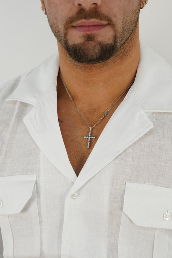 Camicia collo cubano lino bianco con tasche