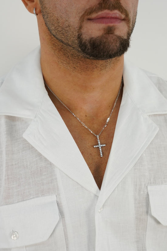 Camicia collo cubano lino bianco con tasche