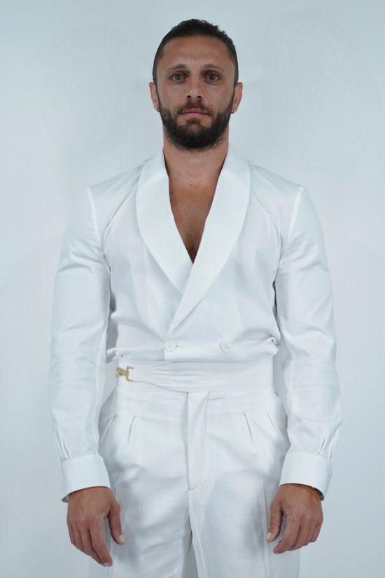 Giacca camicia doppiopetto collo a scialle bianco