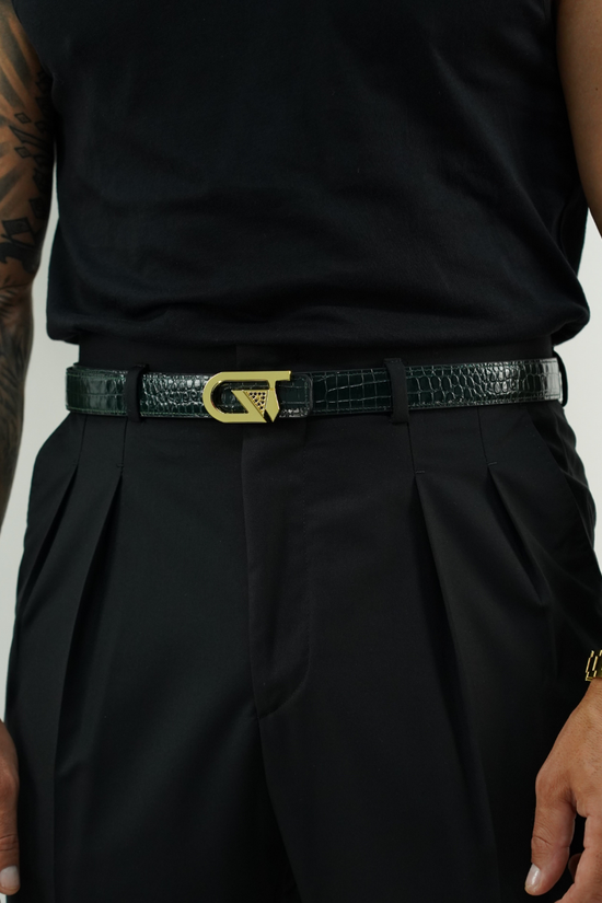 Cintura GT reversibile 2,5cm in pelle di vitello primo fiore stampa cocco nera/verde con fibbia oro lucido