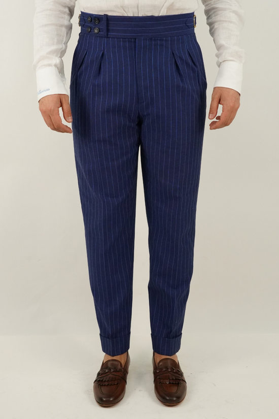 Gurkha blu gessato rigo azzurro con 4 bottoni e fibbie stringenti laterali