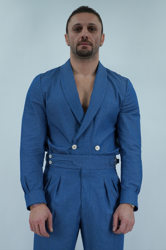 Giacca camicia doppiopetto collo a scialle effetto jeans lavaggio chiaro