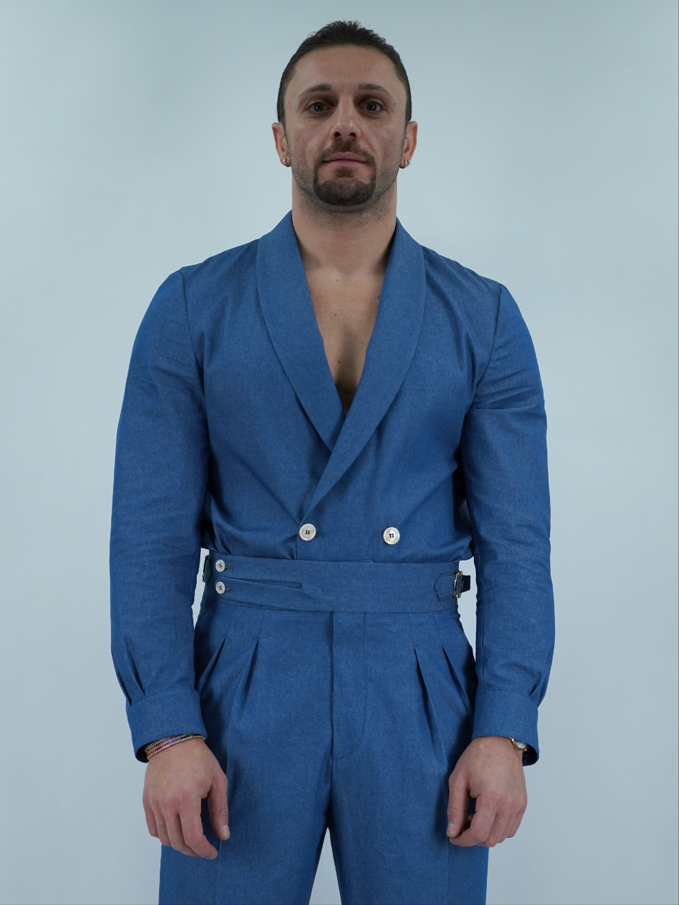 Giacca camicia doppiopetto collo a scialle effetto jeans lavaggio chiaro