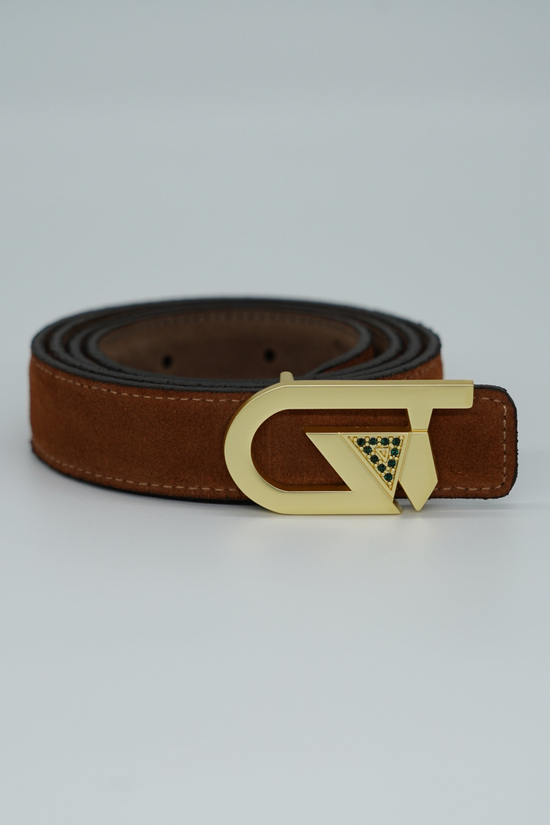 Cintura GT reversibile 2,5cm in pelle scamosciata di vitello primo fiore bruciato/fango con fibbia oro satinato