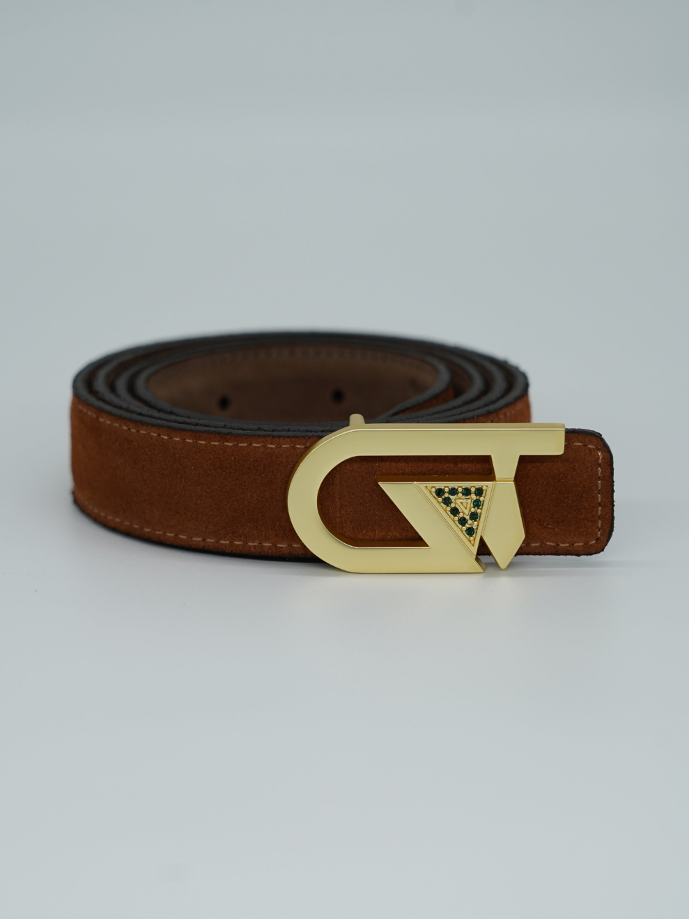 Cintura GT reversibile 2,5cm in pelle scamosciata di vitello primo fiore bruciato/fango con fibbia oro satinato