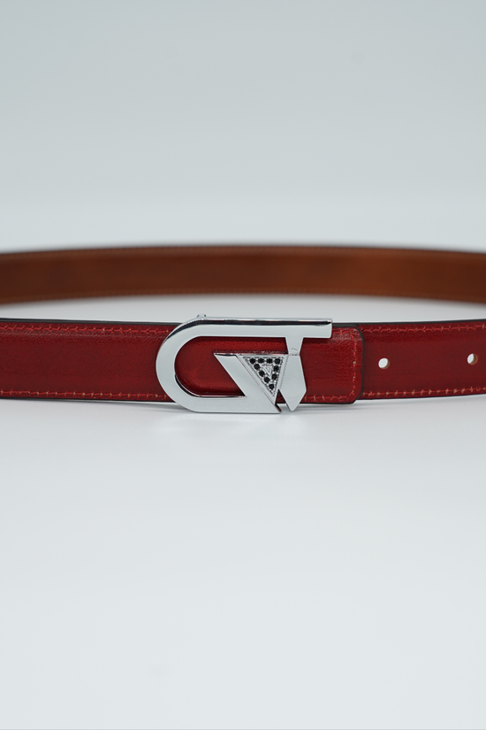Cintura GT reversibile 2,5cm in pelle di vitello primo fiore tamponato a mano cuoio/rosso Inglese con fibbia argento