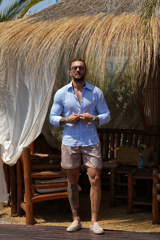 Shorts da mare monogram fondo beige stampa avorio, tessuto anti goccia idrorepellente