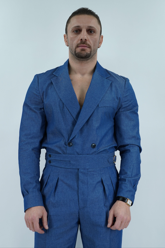 Giacca camicia doppiopetto petto napoli effetto jeans lavaggio scuro