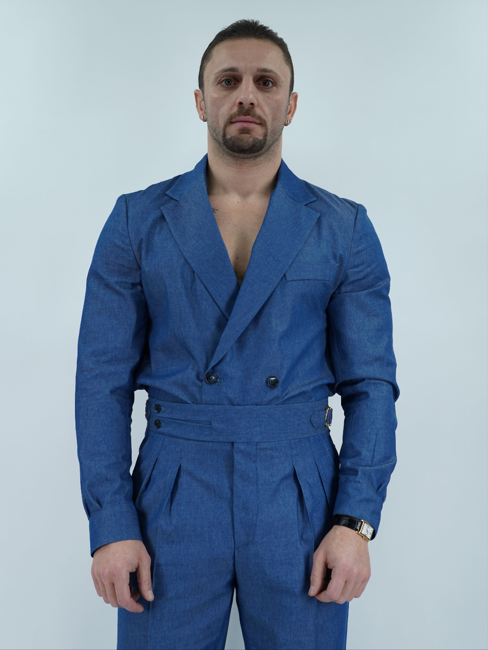 Giacca camicia doppiopetto petto napoli effetto jeans lavaggio scuro