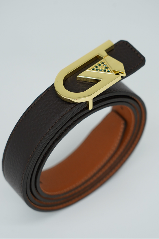 Cintura GT reversibile 2,5cm in pelle di vitello primo fiore moro/cuoio con fibbia oro lucido