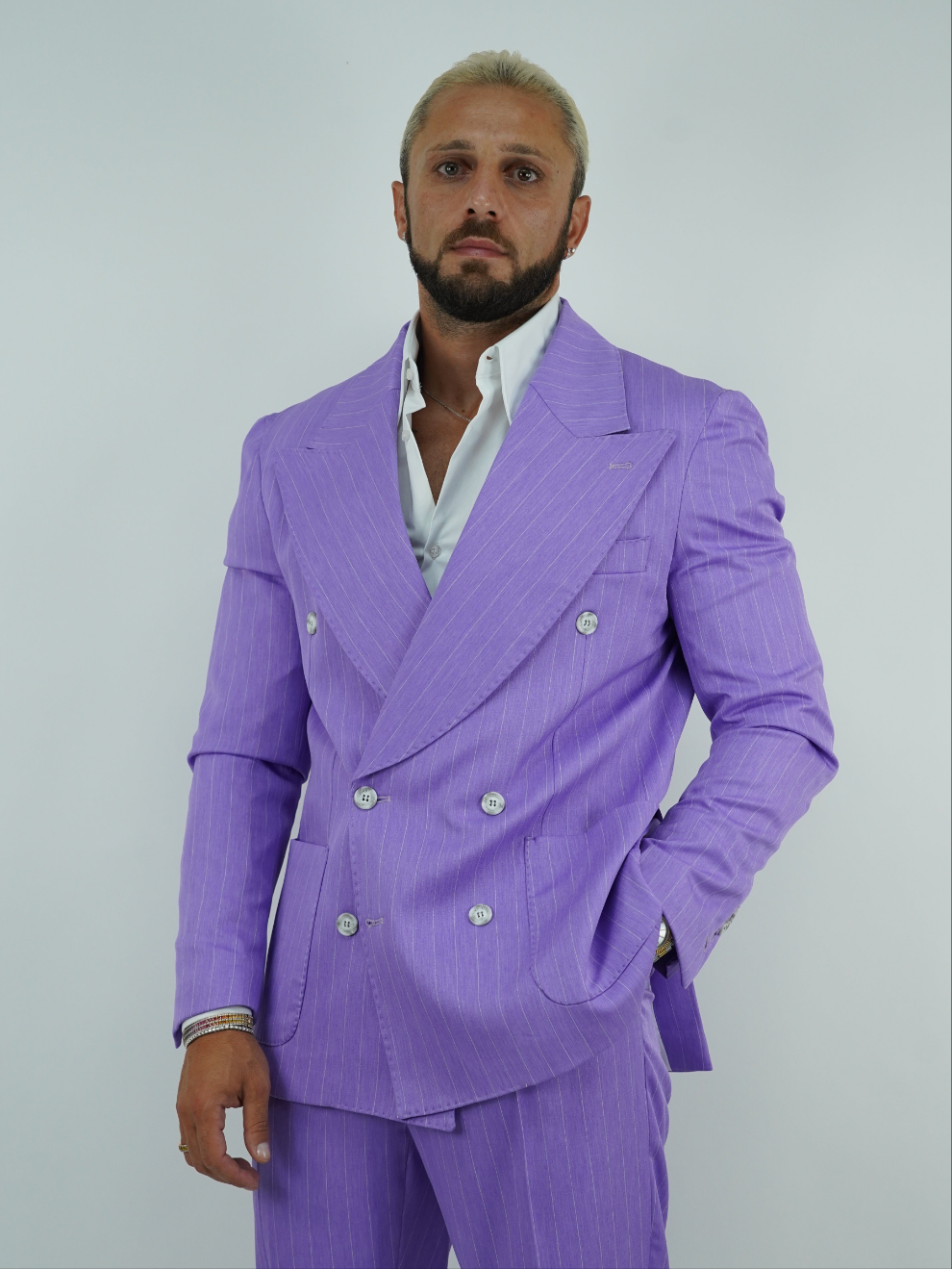 Abito Extensive doppiopetto petto a lancia lilla gessato