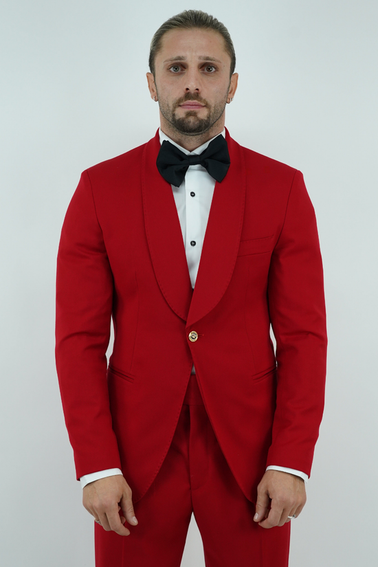 Abito harmonious collo a scialle rosso con bottoni oro