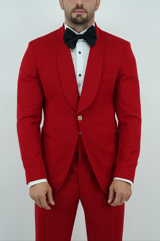 Abito harmonious collo a scialle rosso con bottoni oro