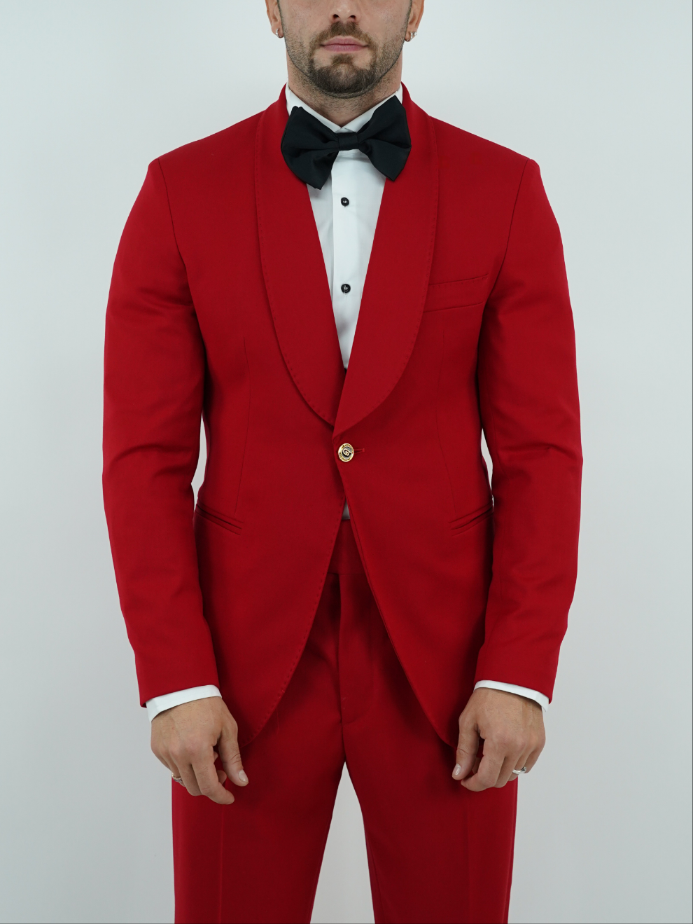 Abito harmonious collo a scialle rosso con bottoni oro
