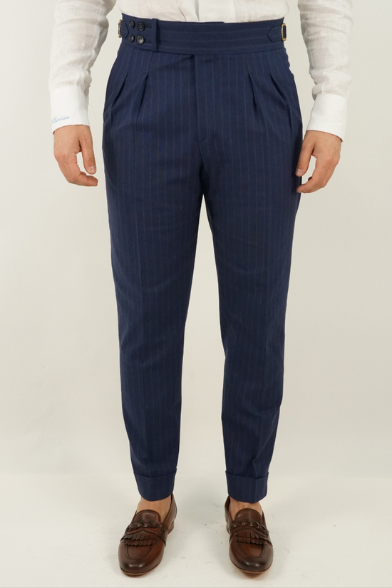 Gurkha blu gessato rigo marrone con 4 bottoni e fibbie stringenti laterali