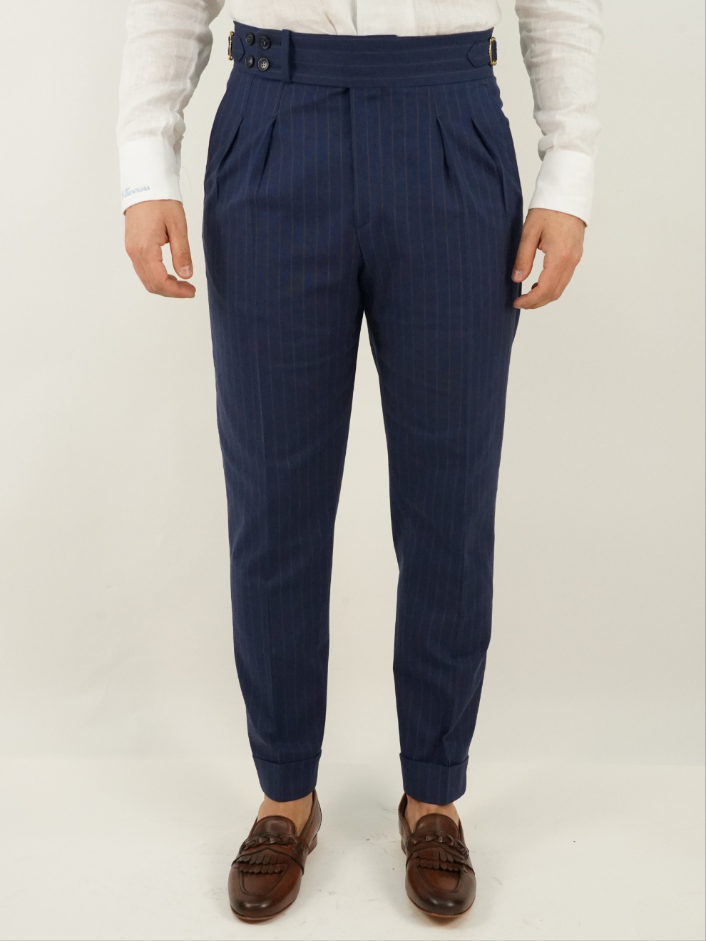 Gurkha blu gessato rigo marrone con 4 bottoni e fibbie stringenti laterali