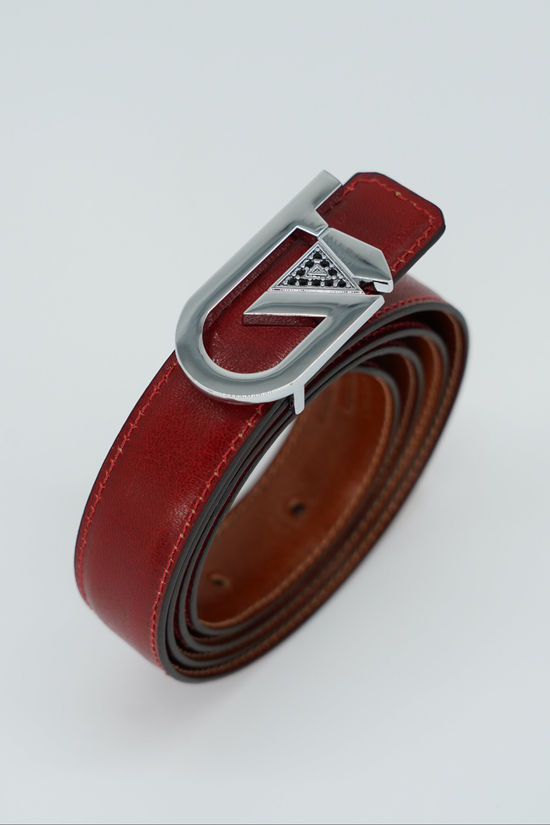 Cintura GT reversibile 2,5cm in pelle di vitello primo fiore tamponato a mano cuoio/rosso Inglese con fibbia argento