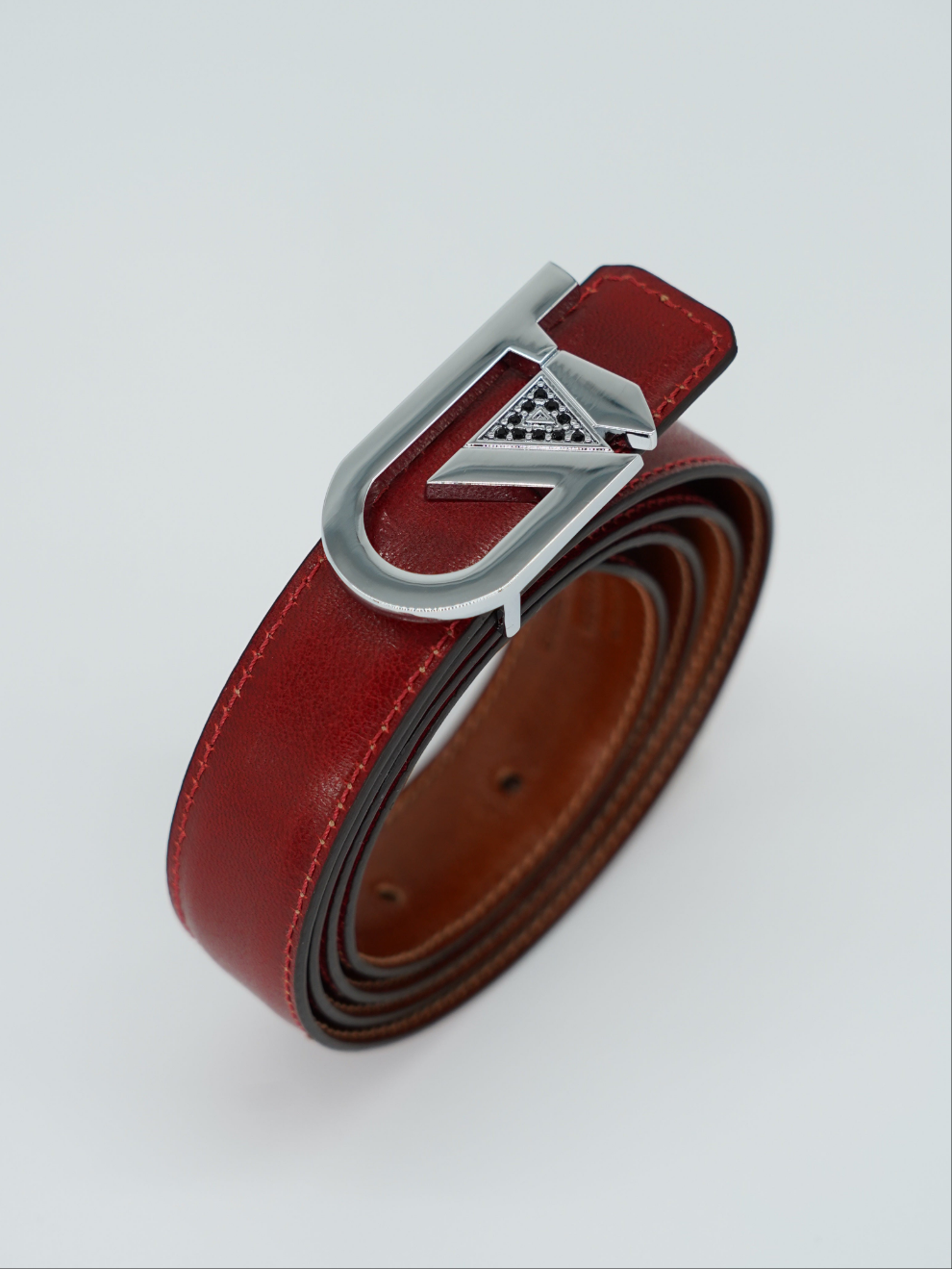 Cintura GT reversibile 2,5cm in pelle di vitello primo fiore tamponato a mano cuoio/rosso Inglese con fibbia argento