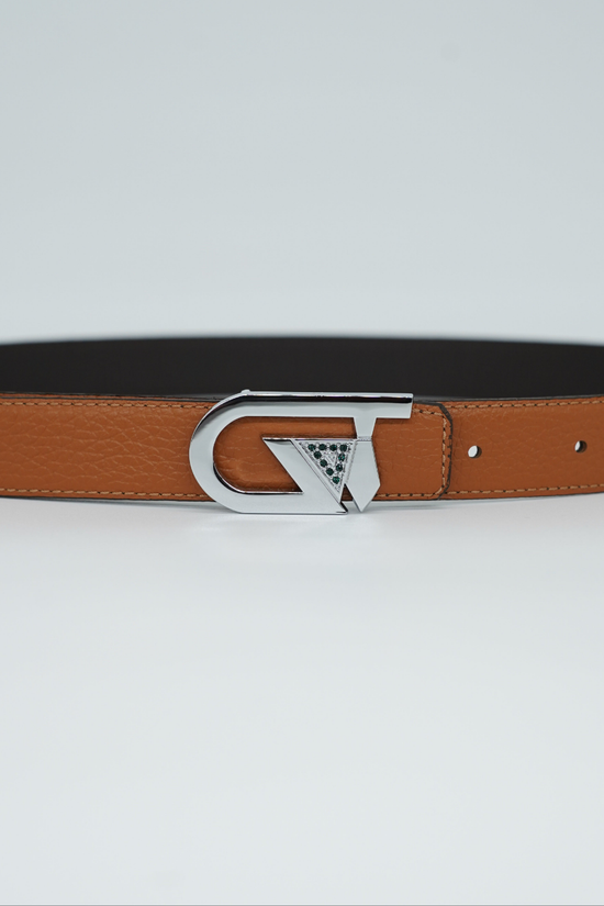 Cintura GT reversibile 2,5cm in pelle di vitello primo fiore cuoio/moro con fibbia argento
