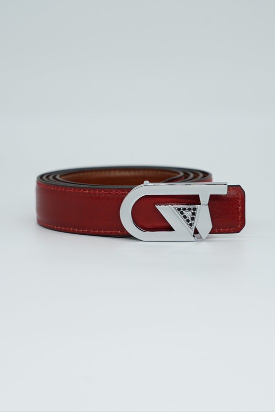 Cintura GT reversibile 2,5cm in pelle di vitello primo fiore tamponato a mano cuoio/rosso Inglese con fibbia argento