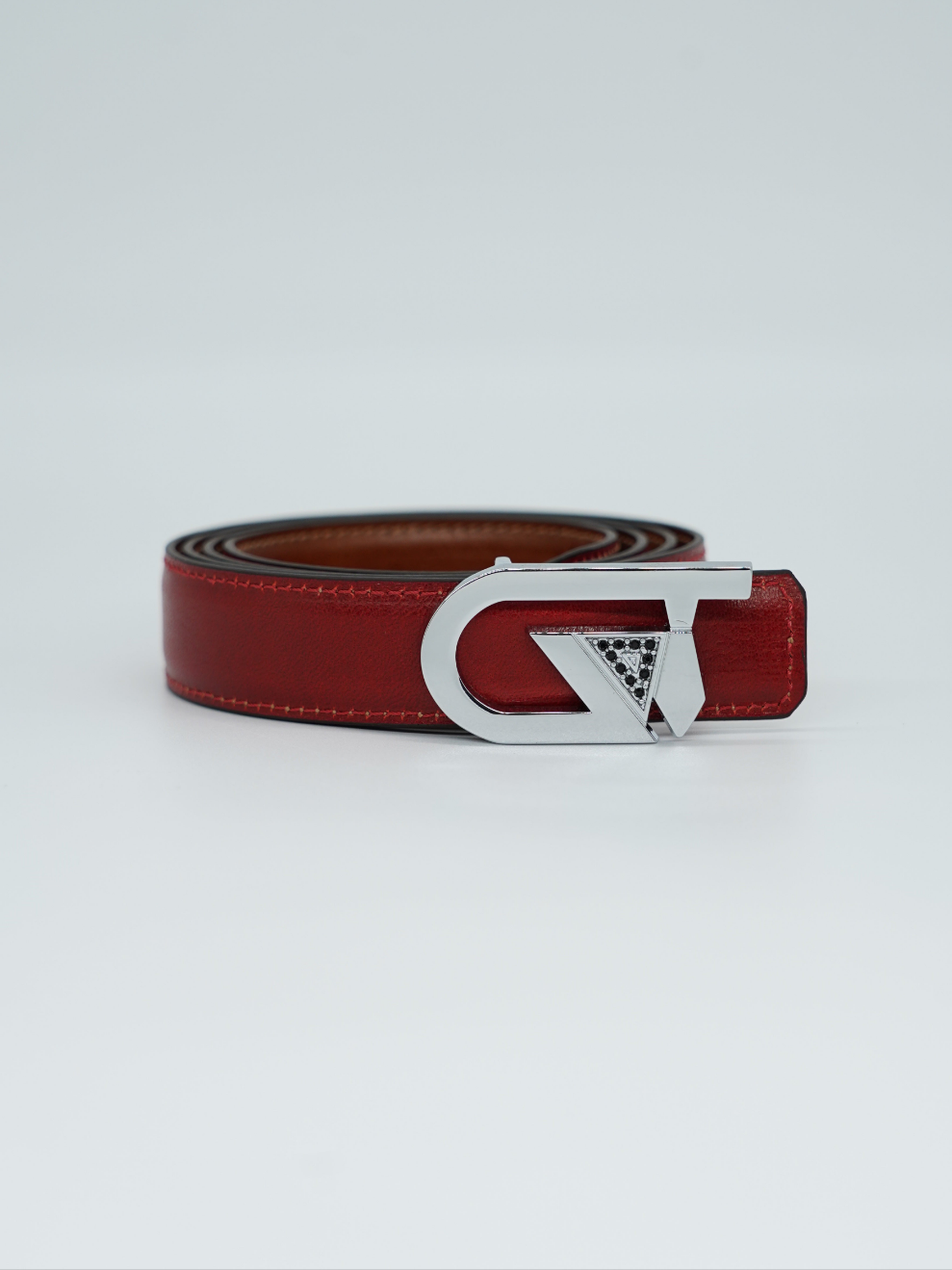 Cintura GT reversibile 2,5cm in pelle di vitello primo fiore tamponato a mano cuoio/rosso Inglese con fibbia argento
