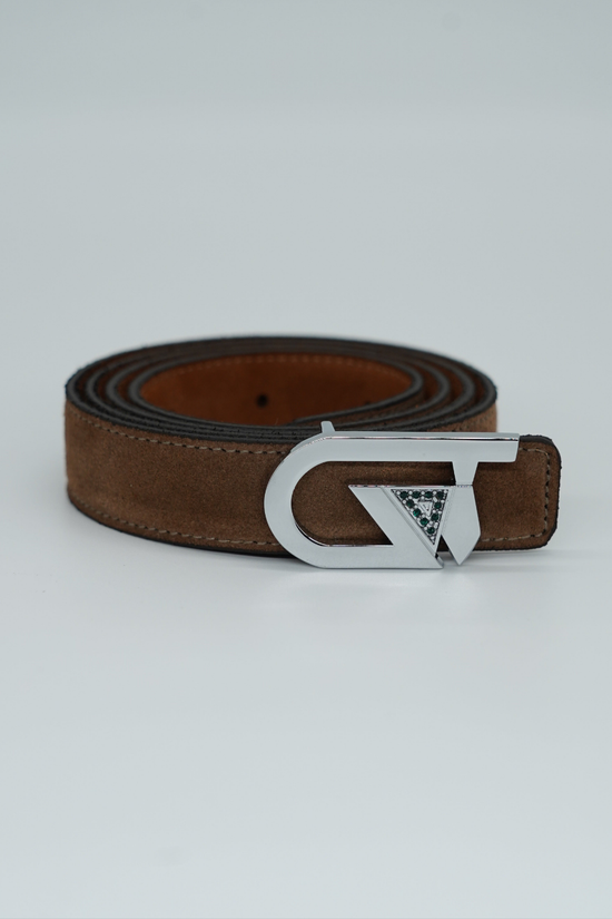 Cintura GT reversibile 2,5cm in pelle scamosciata di vitello primo fiore fango/bruciato con fibbia argento