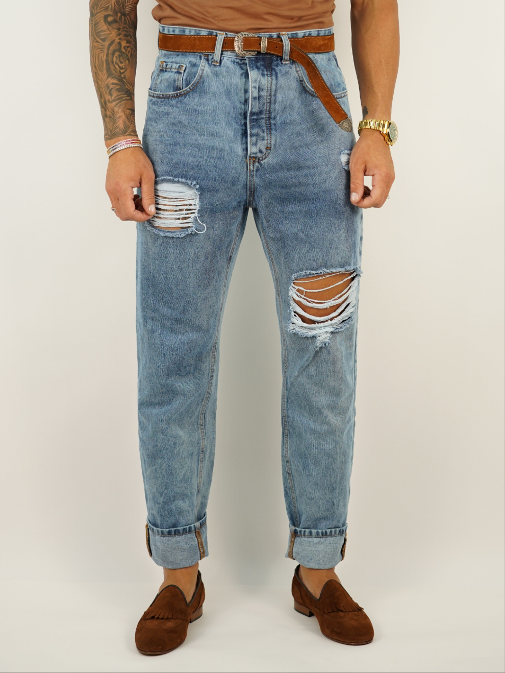 Jeans 80s a vita alta con passanti lavaggio chiaro fondo ampio