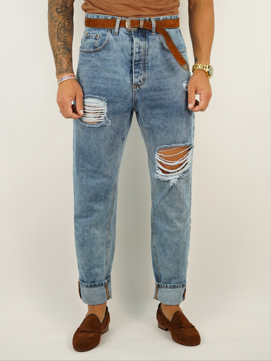 Jeans 80s a vita alta con passanti lavaggio chiaro fondo ampio
