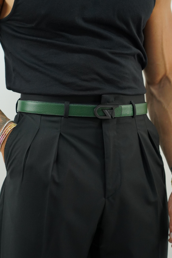 Cintura GT reversibile 2,5cm in pelle di vitello primo fiore nera/verde con fibbia nera opaca