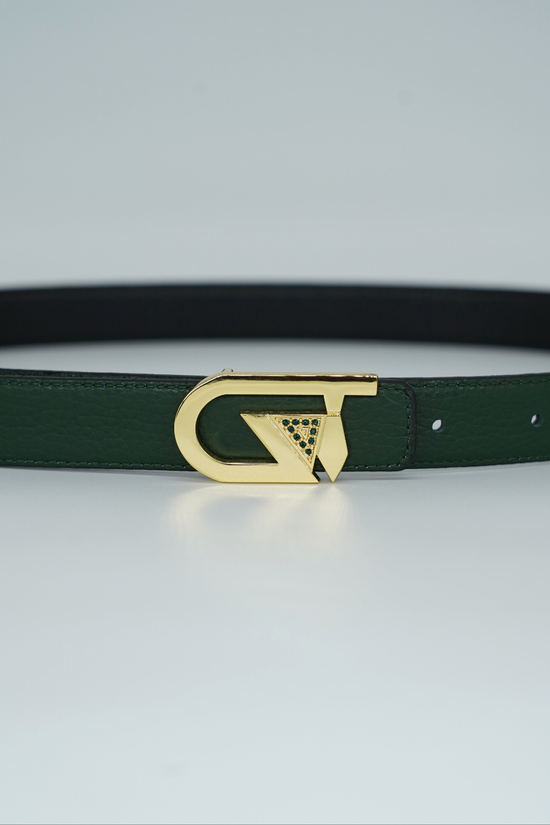 Cintura GT reversibile 2,5cm in pelle di vitello primo fiore verde/nera con fibbia oro lucido