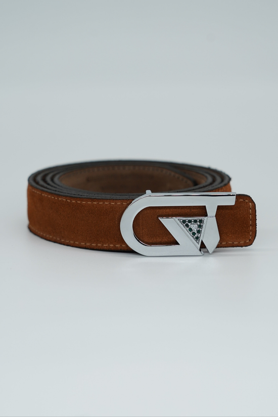 Cintura GT reversibile 2,5cm in pelle scamosciata di vitello primo fiore fango/bruciato con fibbia argento