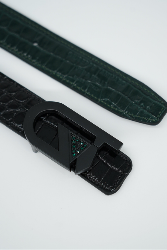 Cintura GT reversibile 2,5cm in pelle di vitello primo fiore stampa cocco verde/nero con fibbia nera opaca