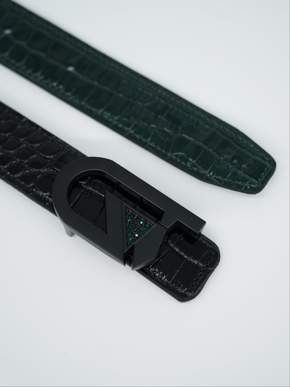 Cintura GT reversibile 2,5cm in pelle di vitello primo fiore stampa cocco verde/nero con fibbia nera opaca