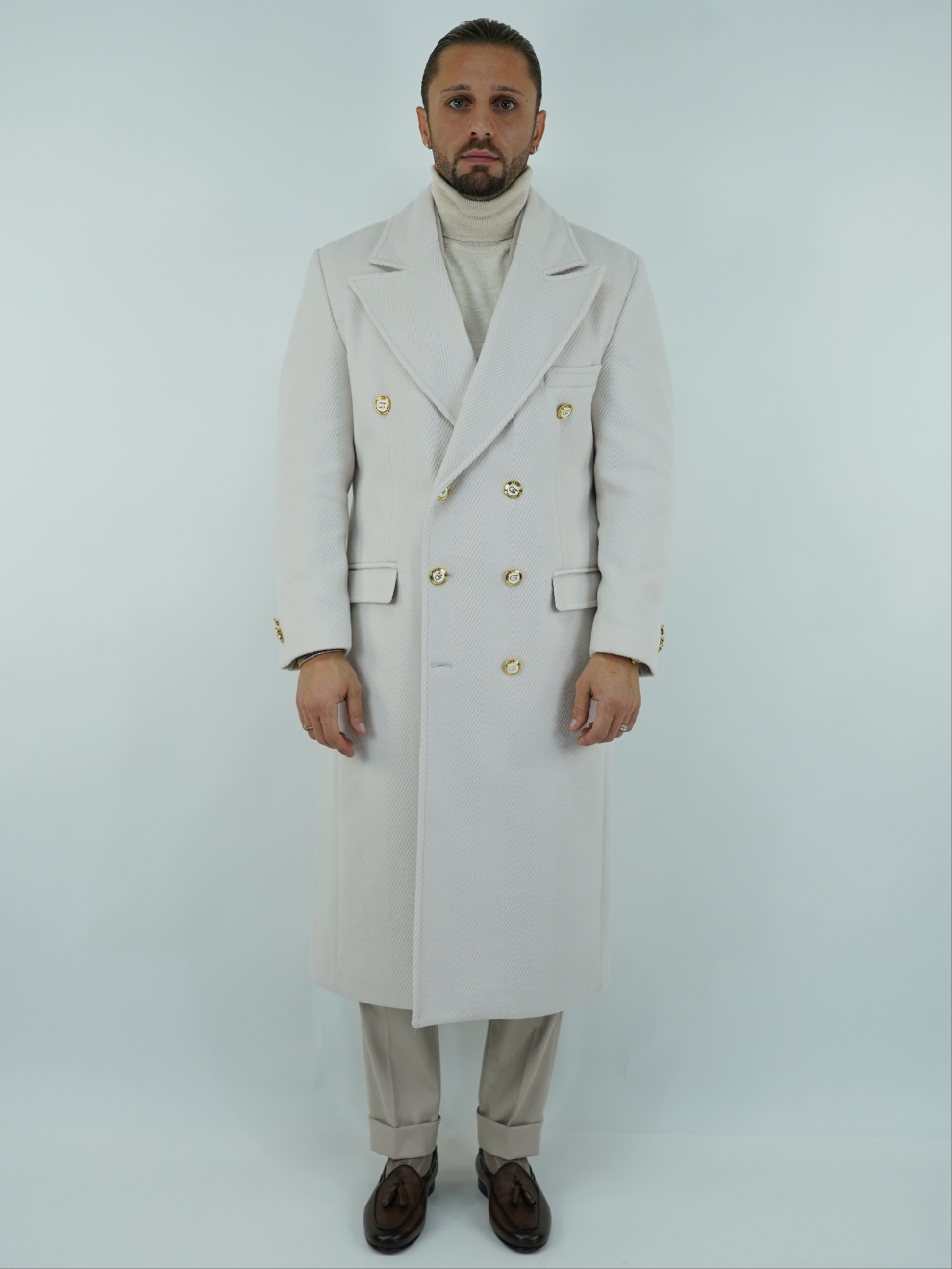 Cappotto Raglan Spigato Panna con bottoni oro