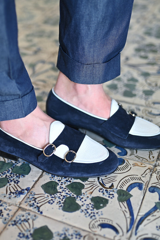 Mocassino doppia fibbia blu e bianco