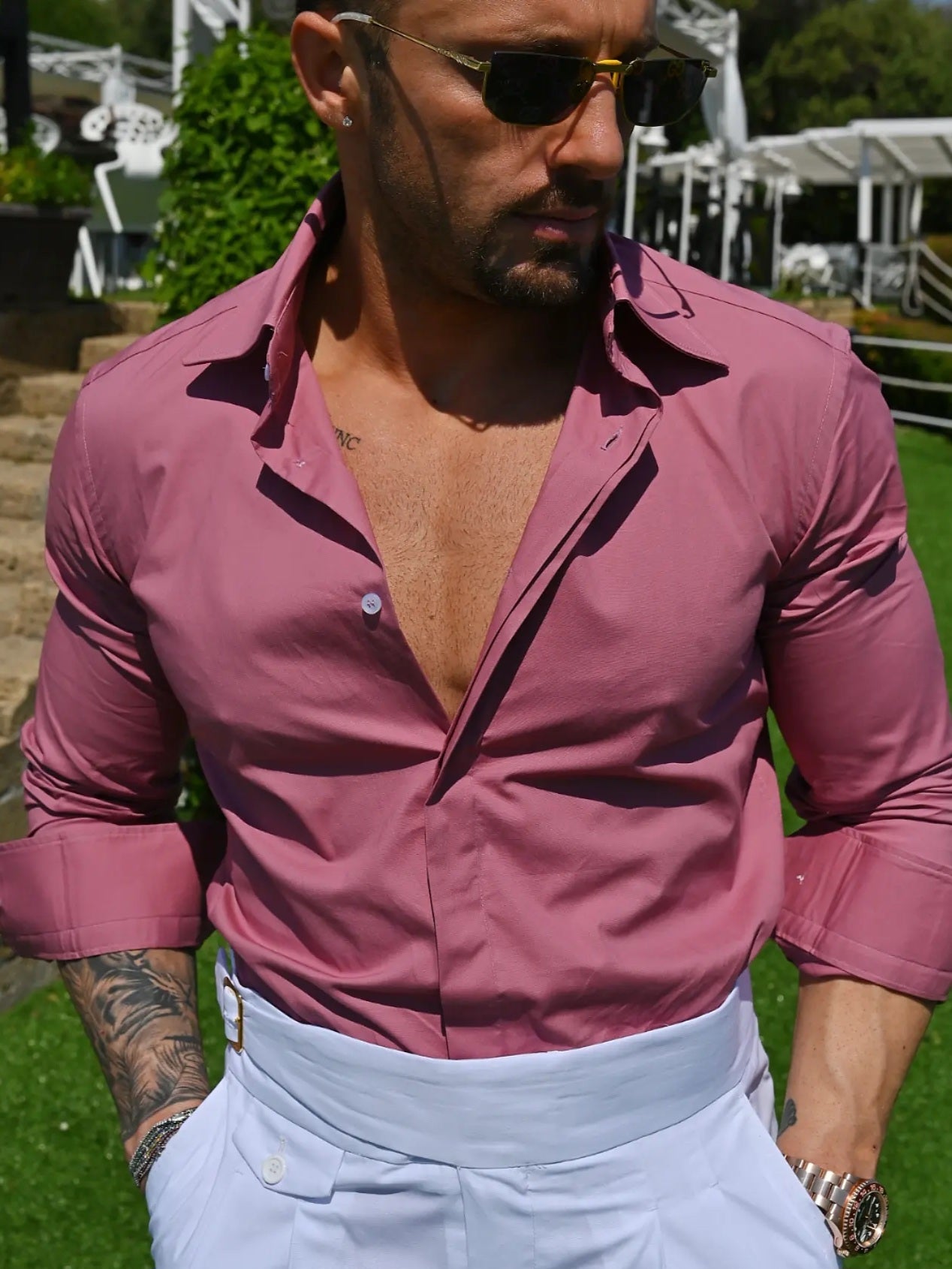 Camicia collo a vela con bottoni a scomparsa rosa