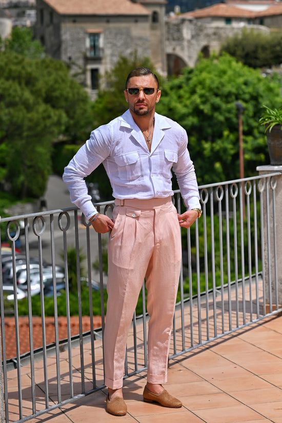 Camicia collo cubano lino bianco con tasche