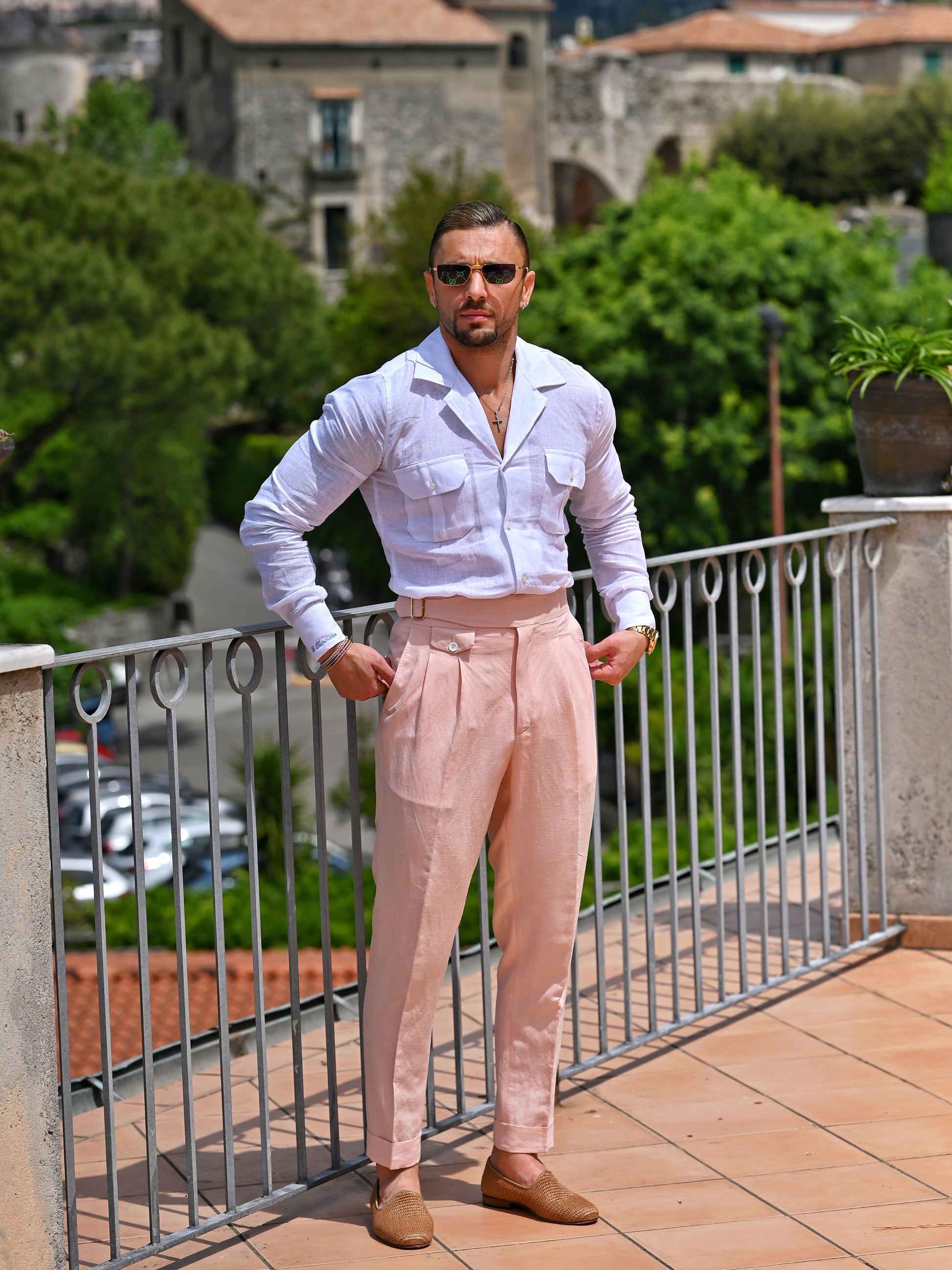 Camicia collo cubano lino bianco con tasche